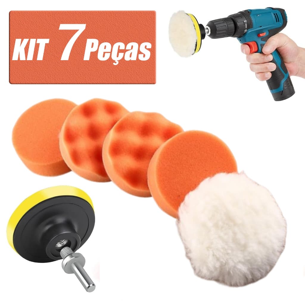 Kit Boina Automotiva Polimento 3 Pol 7 Peças Espuma e Lã Com Suporte Para Furadeira e Parafusadeira
