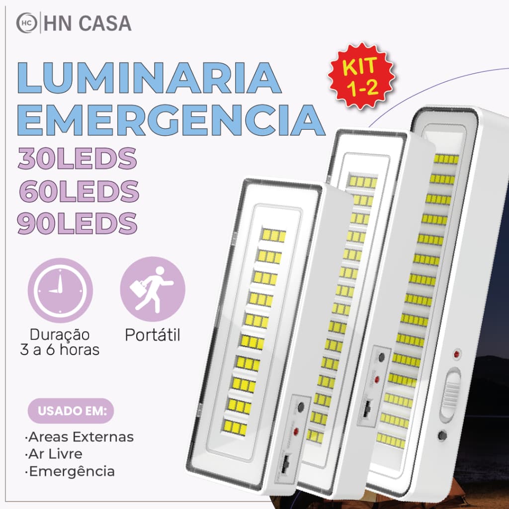 2 Luminária Emergência Lâmpada Portátil 30 60 90 Leds Recarregável Bivolt Luz Branca Fria