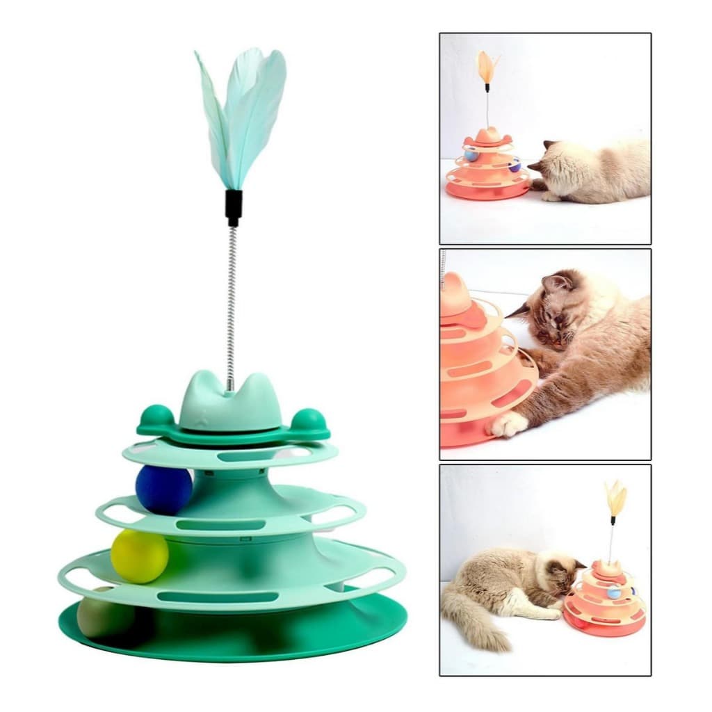 Torre interativa de três andares para gatos, com brinquedos, desmontável, com bola rolante e penas incluídas