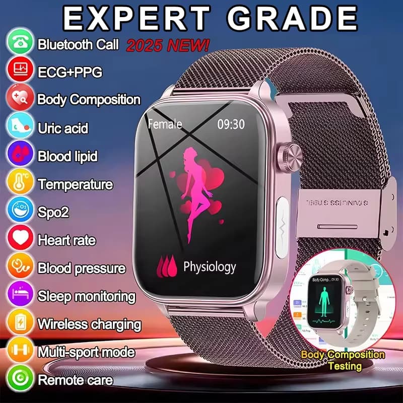 2025 Novo ECG + PPG Monitoramento Smartwatch Relógio Inteligente Feminino Pressão Arterial Sangue Lipídio Ácido Úrico Ra
