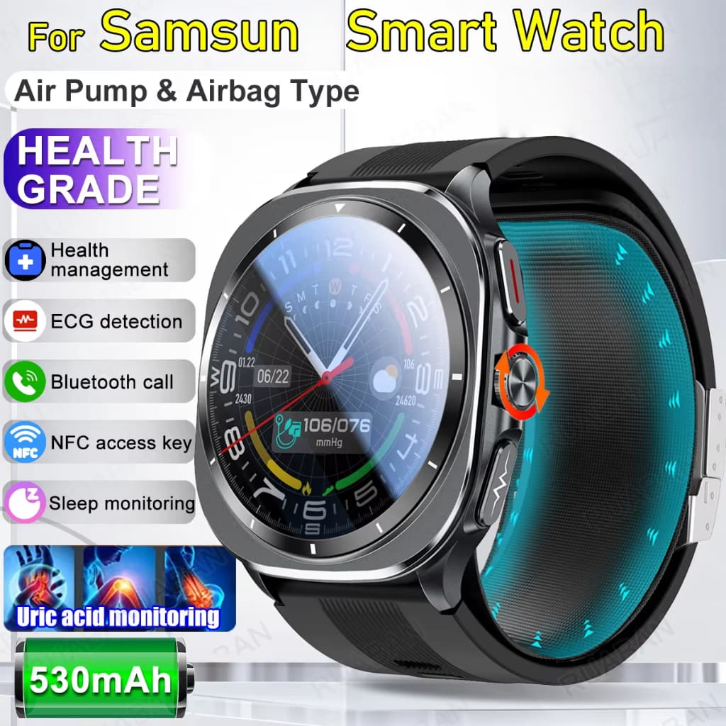 Smartwatch Relógio Inteligente Masculino 2025 Nova Bomba De Ar Airbag Verdadeira Pressão Arterial De Saúde NFC Ácido Úri