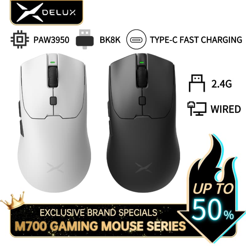 DELUX M700 SERIES PAW3950/PAW3395 26000/30000DPI 1000HZ/8000Hz 50G ACC Mouse Para Jogos Sem Fio Programável 59g Leve Com