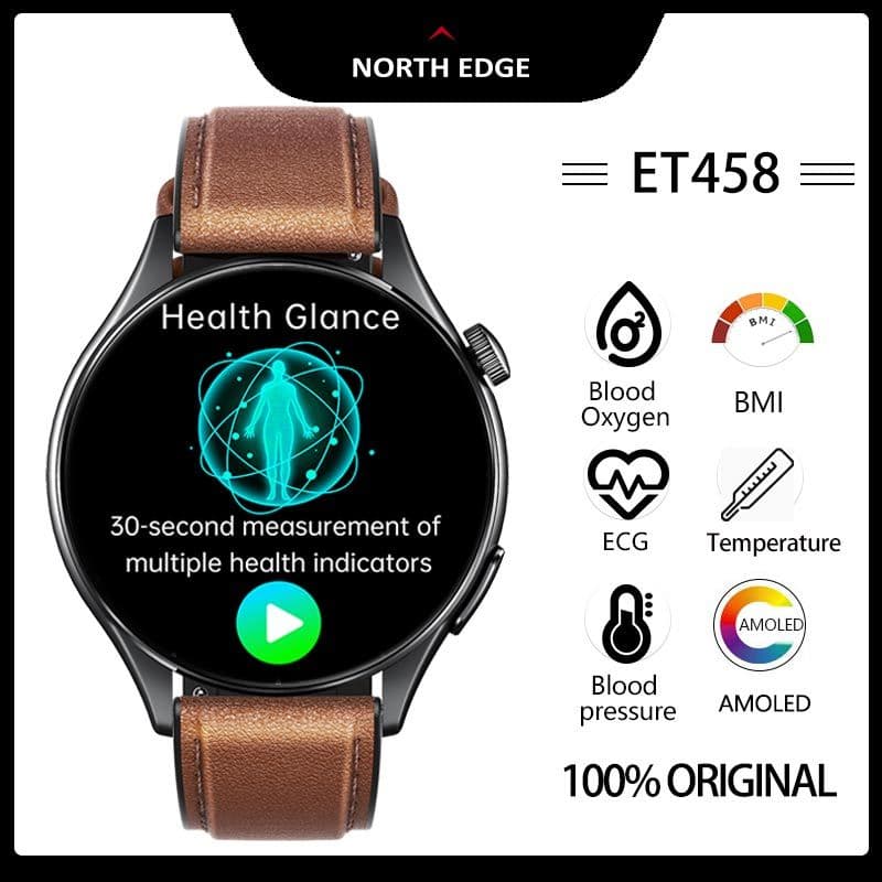 NORTH EDGE ET458 AMOLED Display ECG Exame Microfísico Monitoramento De Saúde Smartwatch Medição De Imc Pressão Arterial 