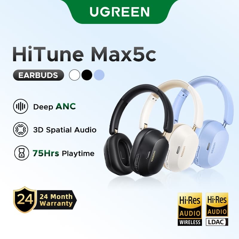 UGREEN Max5C Fone De Ouvido Sem Fio Bluetooth5.4 HiFi ANC CertificaçãoEm Alta Resolução Com Áudio 43dB Cancelamento 75Ho