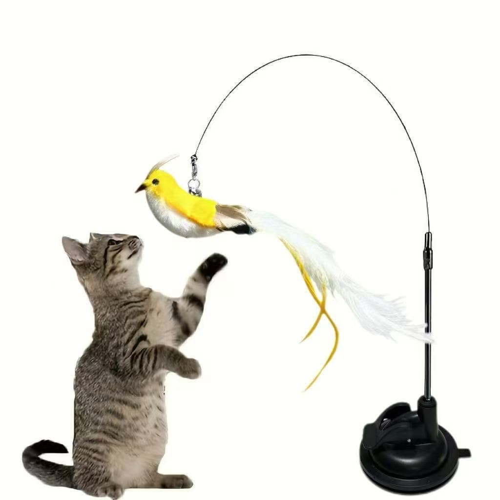 Brinquedo para Gatos – Varinha com Pássaro Simulado + Ventosa, Acessório com Substituição Destacável