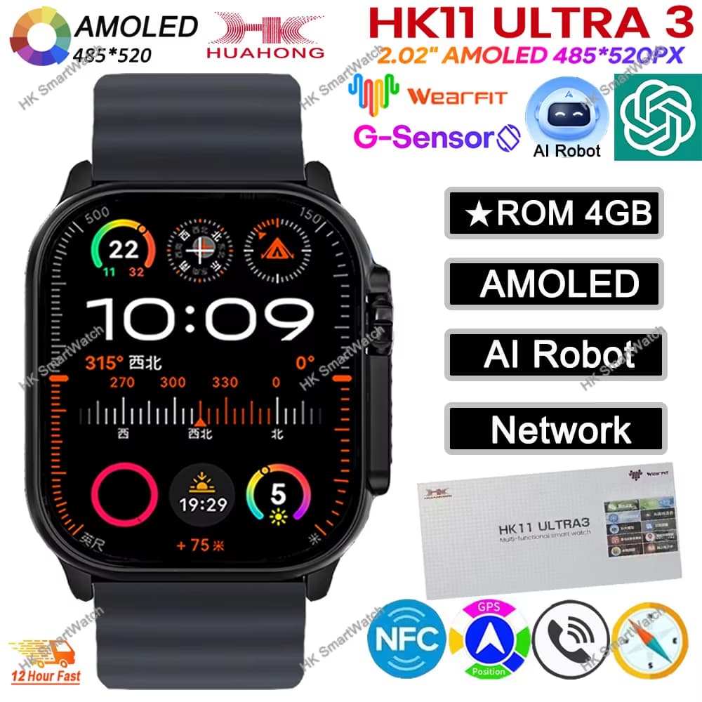Smartwatch 2026 Original HK11 ULTRA 3 49mm AMOLED 4G ROM AI Chat Robô Bluetooth Rede Chamada Relógio NFC Bússola Intelig