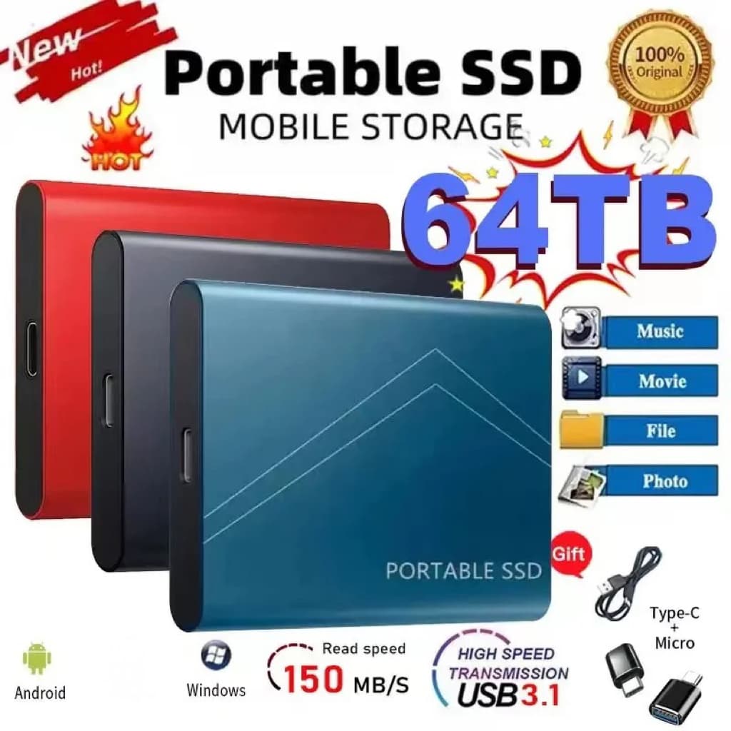 1TB Disco Rígido Externo Portátil SSD 2TB Armazenamento De Unidade De Estado Sólido Externa De Alta Velocidade USB 3.1/T