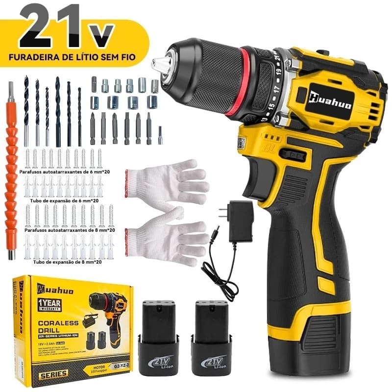 Parafusadeira Furadeira 21V/26V/12V 2 Baterias  Elétrico Com Acessórios Bivolt