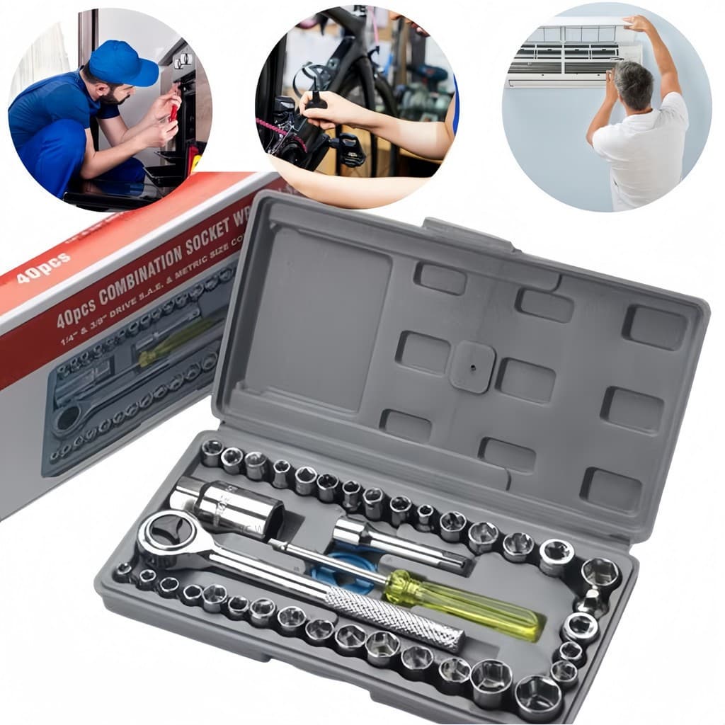 Kit De Ferramentas 46/40 Peças Jogo De Soquetes Chave Catraca Reversível Com Maleta De Ferramentas