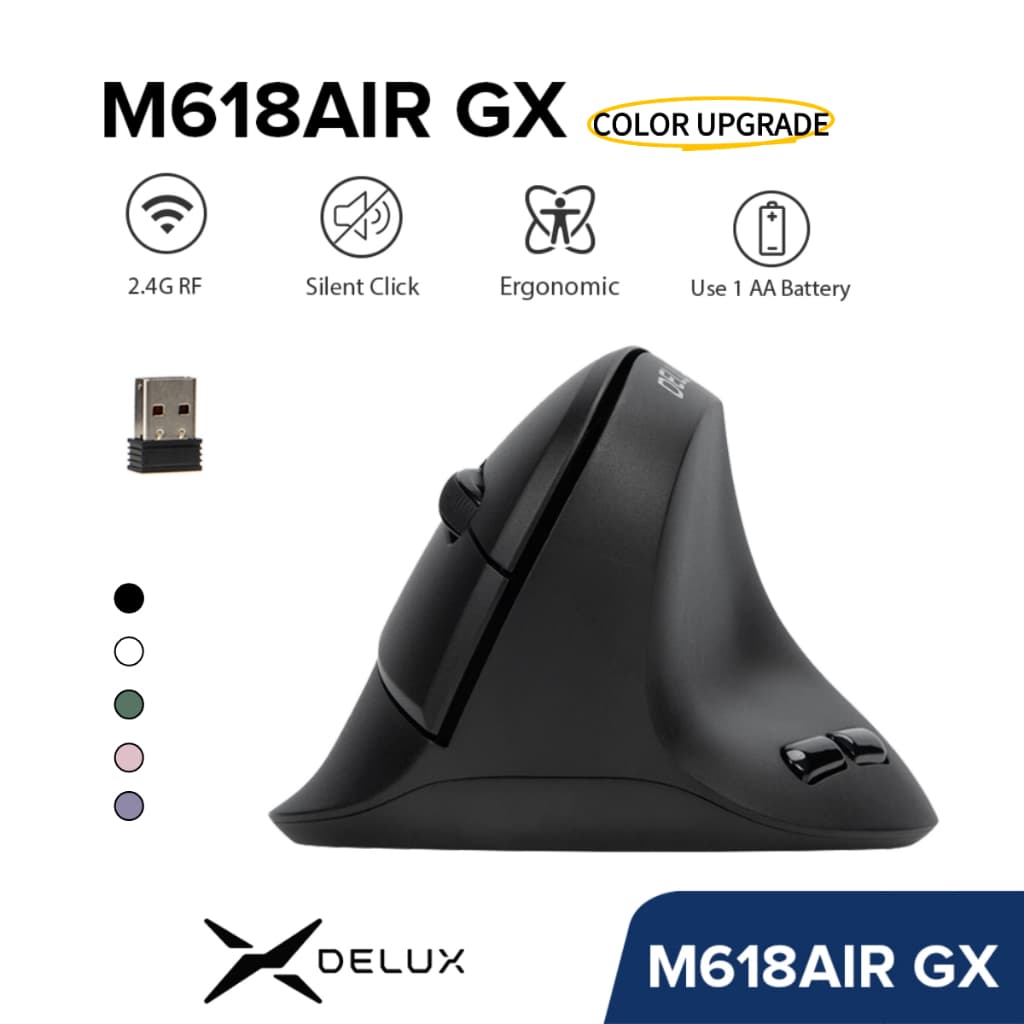 Delux M618AIR GX 2.4G Mouse Vertical Sem Fio Ergonômico MAX 2400 DPI 6 Botões Clique Silencioso Para Mãos Pequenas Use B