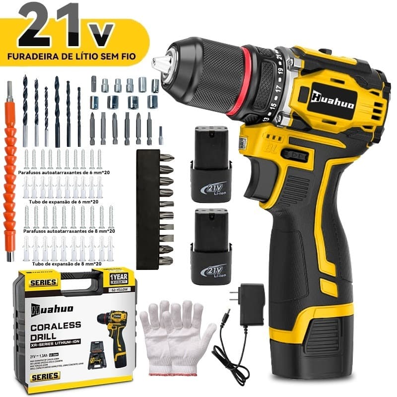 Parafusadeira Furadeira 21V 2 Baterias 700W Com Maleta e Acessórios Completo