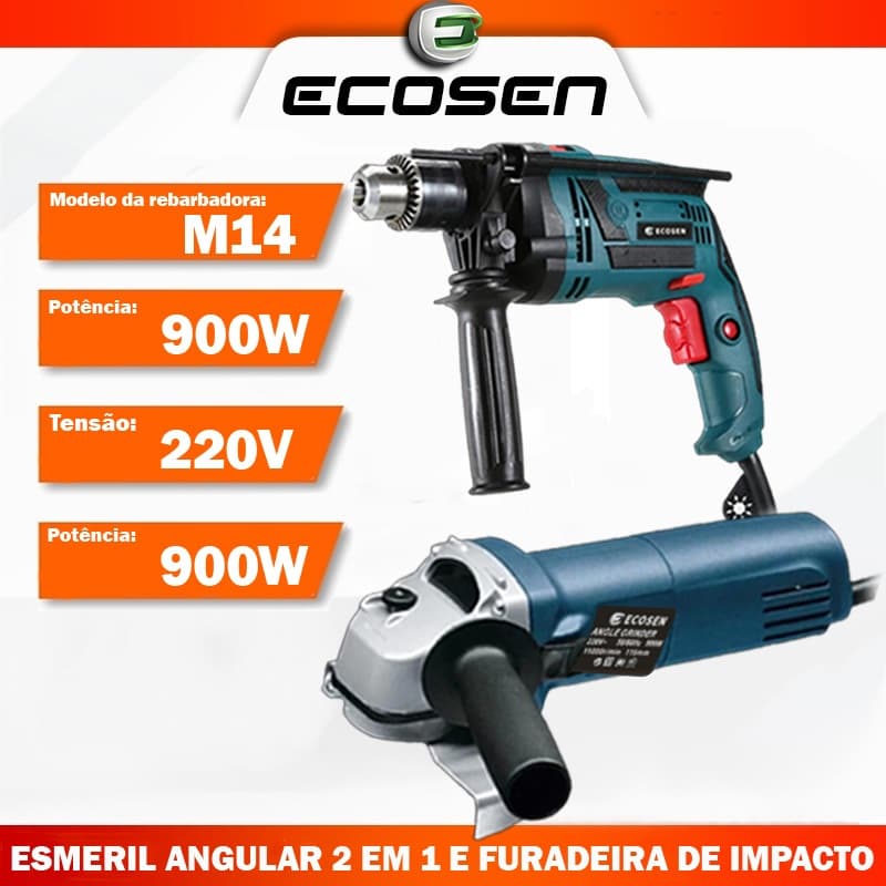 Kit Esmerilhadeira Lixadeira Angular 900W+Furadeira de Impacto Parafusadeira 220V e Acessórios 2 EM1