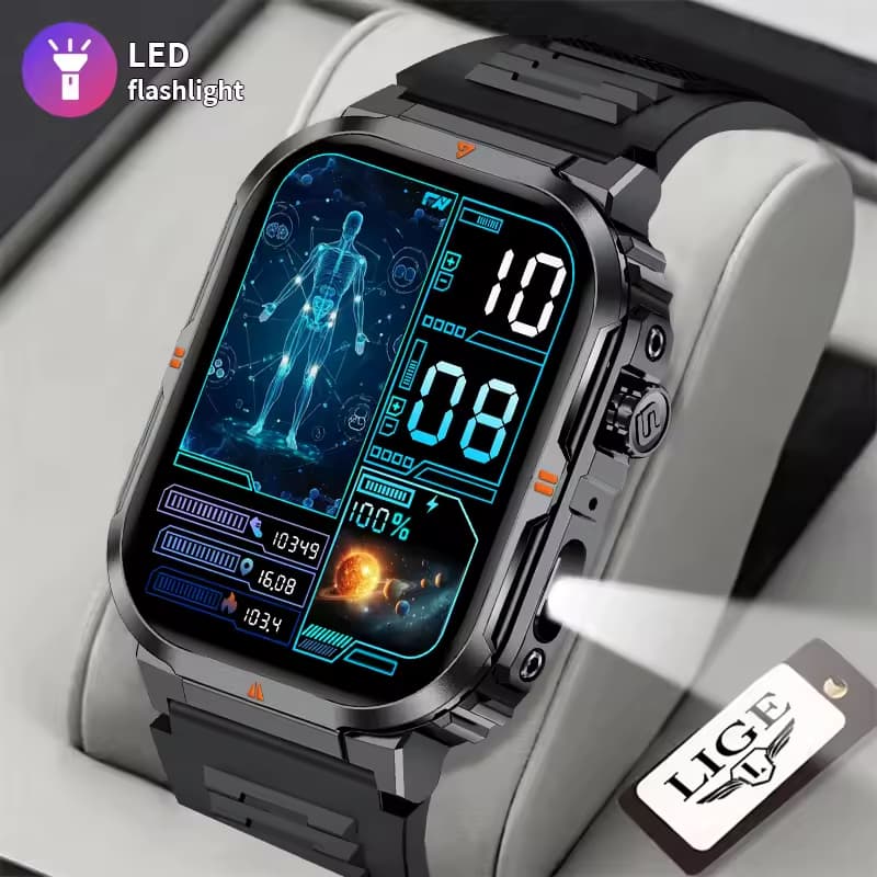 LIGE Relógio Inteligente Masculino Lanterna LED AI Voz Multi-Função Esportes Ao Ar Livre Smartwatch À Prova D'água