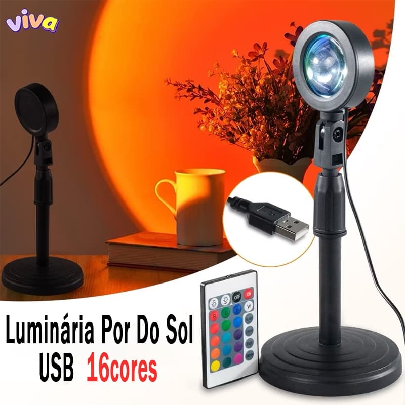 Luminária Por Do Sol Luz Noturna Projetor Led Sunset 16 cores com Remoto USB Casa Loja Fundo Decoração  Fotografia