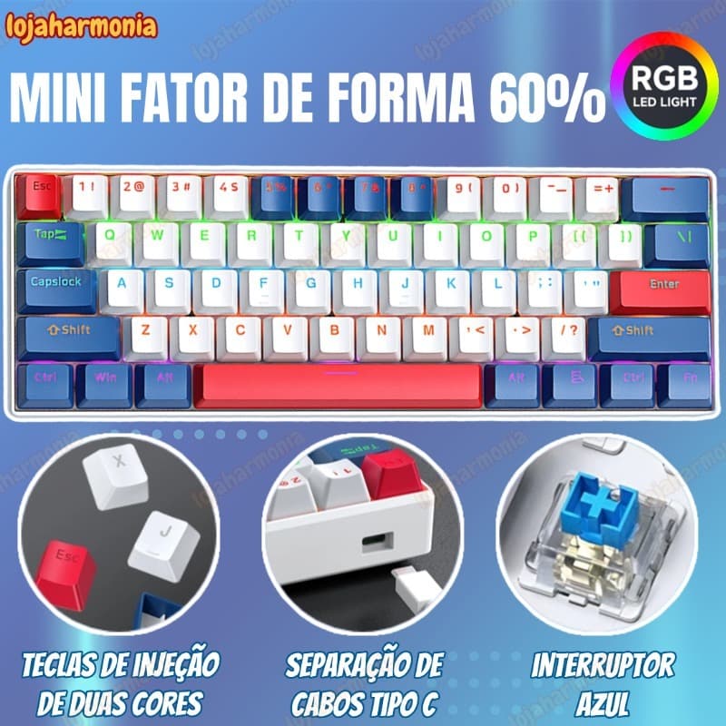 Teclado Mecânico T60 60 % Teclas Com Fio RGB Retroiluminado Para Jogos