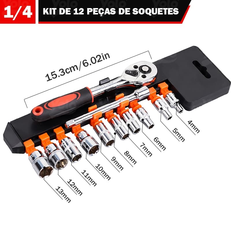 Jogo De Soquete Sextavado 1/4 Catraca 12 Peças 4 a 13 mm com Extensão