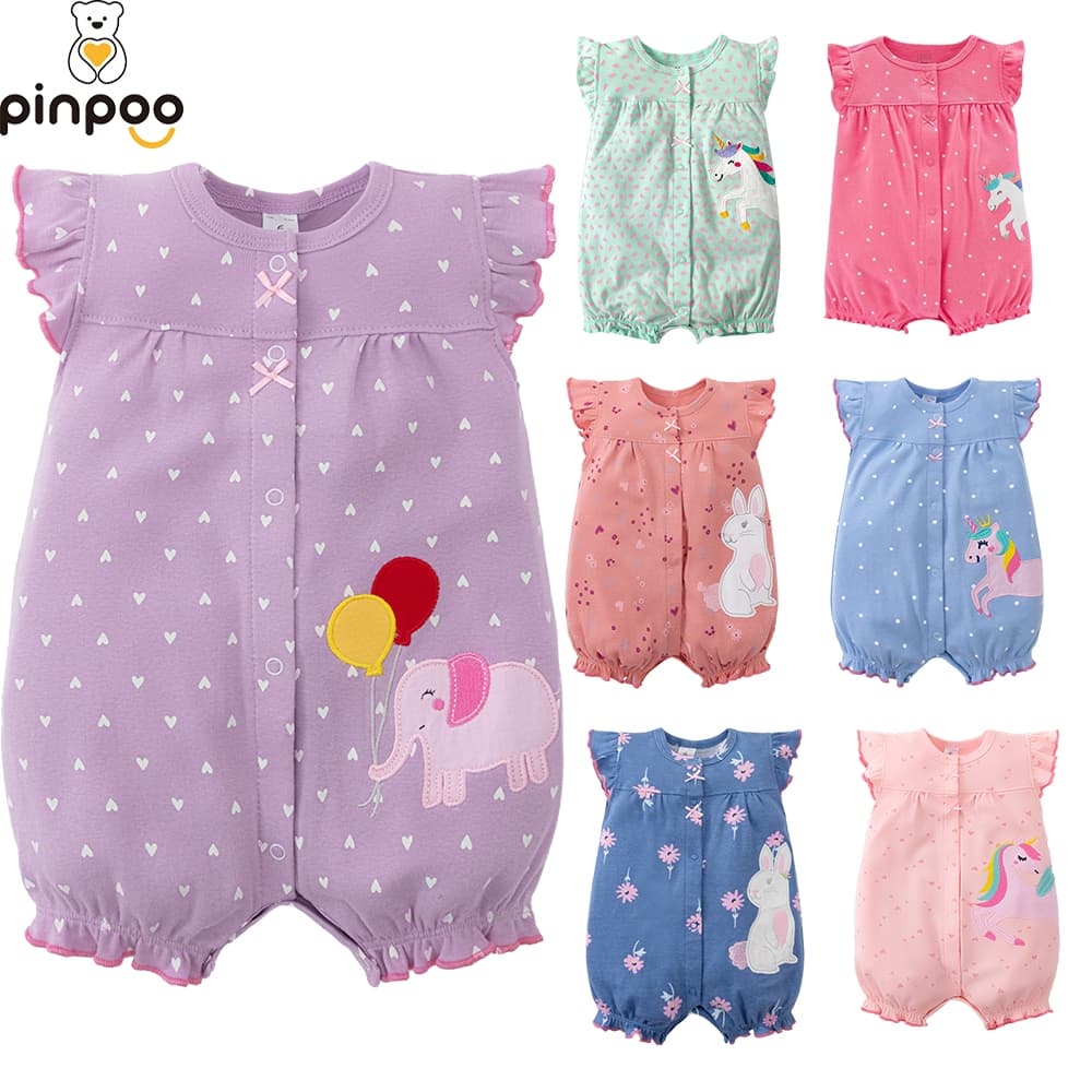 Pinpoo Bebê Menina Manga Curta Algodão Macacão Pequeno Elefante Bodysuit Infantil Roupas Recém-Nascidos 0-24M