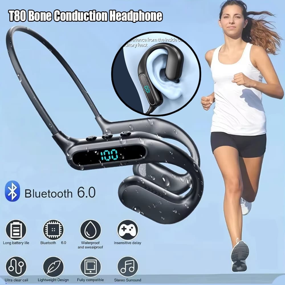 Bluetooth 6.0 T80 Condução Óssea Fone De Ouvido Fones Gancho Esportes Alta Fidelidade Estéreo Baixo Para Trabalho Ao Ar 