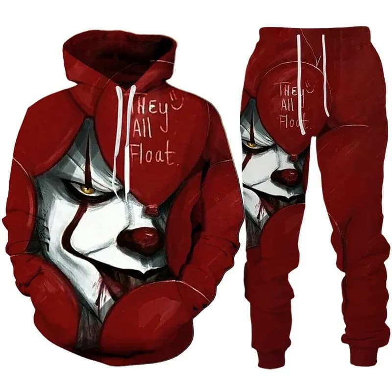 2024 Outono Inverno Moletom Com Capuz Masculino Conjunto De Treino Filme De Terror Palhaço Impressão 3D Moda Calças Tern