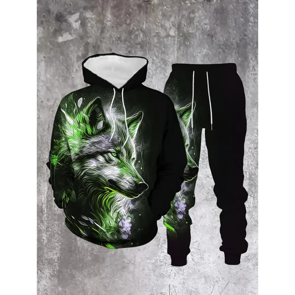 Conjunto De Moletons Com Estampa De Lobo Selvagem 3D Masculino , Novo Moletom Capuz , Calças Esportivas , Outono Inverno