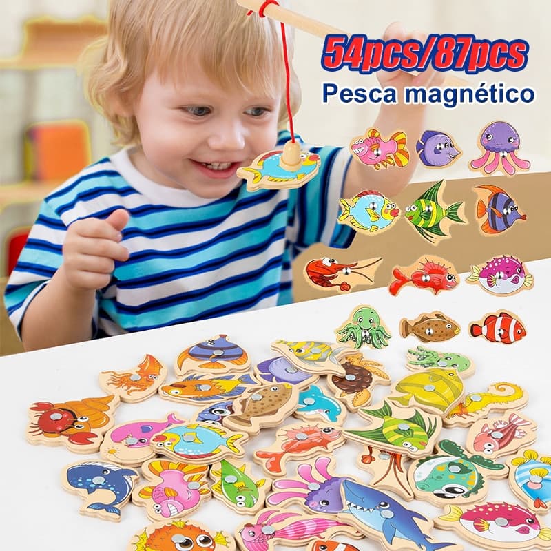 33pcs/54 Pcs brinquedos magnéticos de pesca de madeira,Brinquedos educativos para crianças,Interação entre pais e filhos