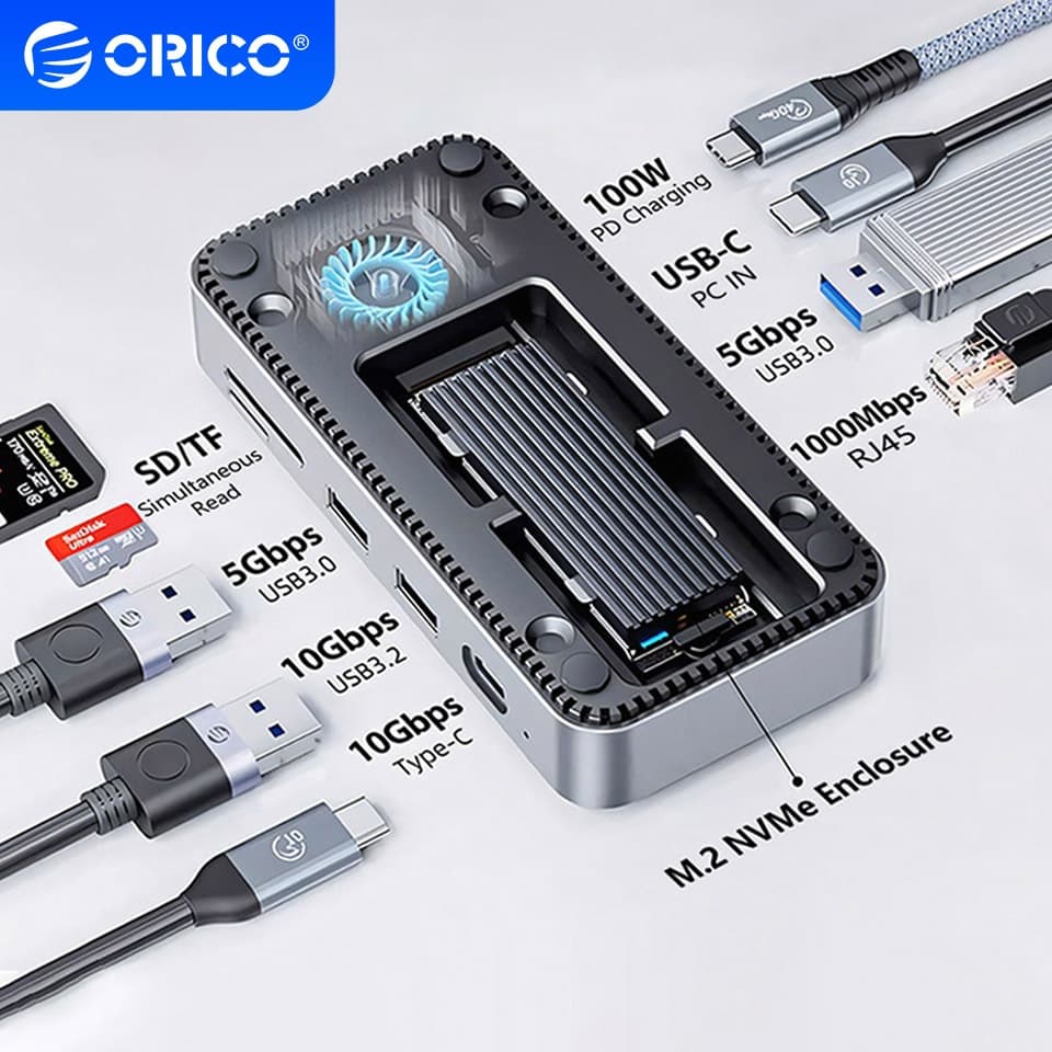 ORICO Hub USB M2 NVMe SSD Gabinete externo Tipo C Docking Station Gabinete para disco rígido Leitor de cartão SD/TF M2P7