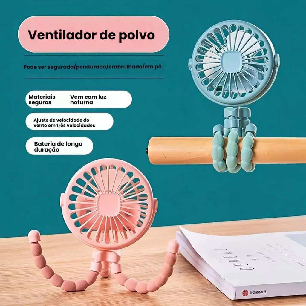 Mini Ventilador USB Portátil Recarregável Silencioso com Haste Flexível para Carrinho de Bebê