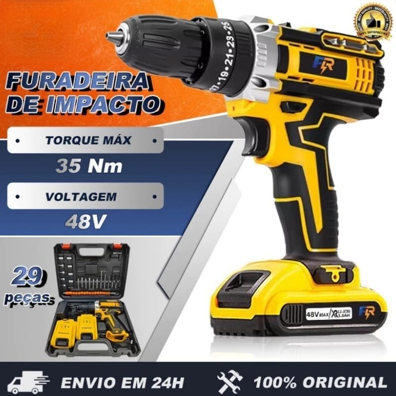 Parafusadeira Furadeira de Impacto 48V Sem Fio 2 Baterias 3 Funções com Maleta