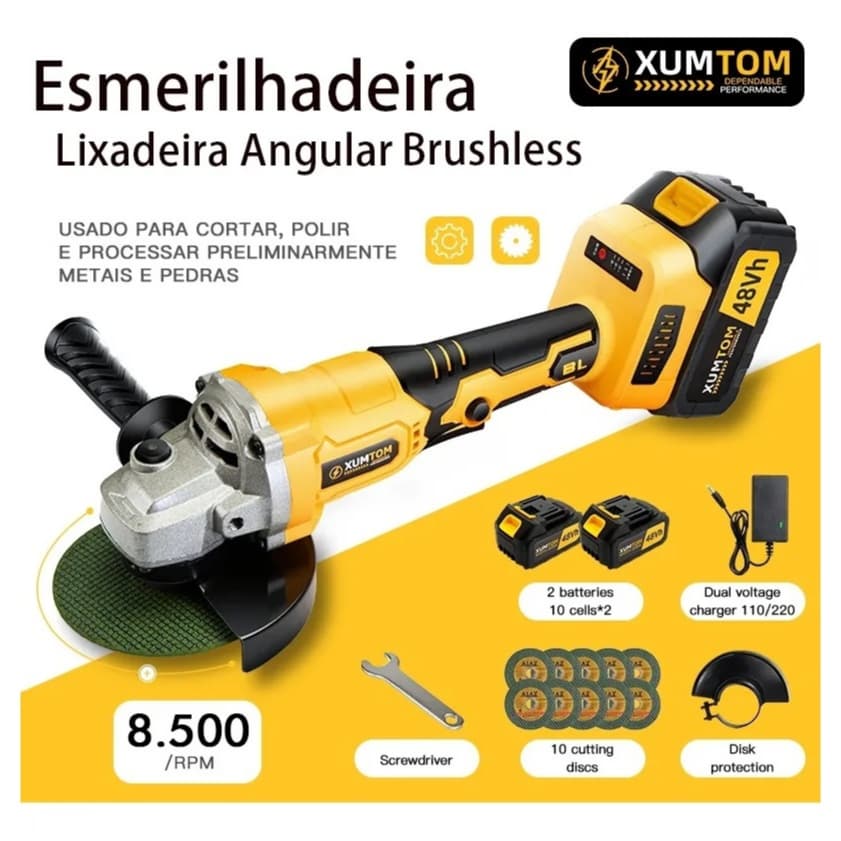 Esmerilhadeira Lixadeira Angular Sem Fio Profissional 8500rpm 2 48V Baterias 10 Lâminas De Serra
