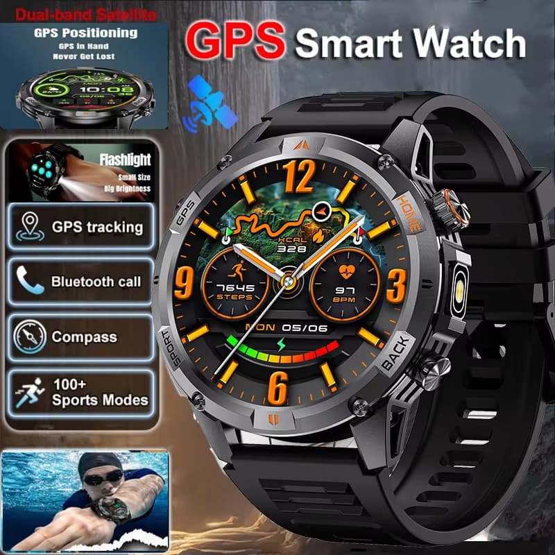 Novo relógio inteligente GPS IP68 resistente à água bússola lanterna lanterna monitor de saúde relógio inteligente