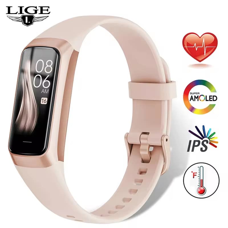 LIGE Amoled Smartwatch Relógio Inteligente Homens Banda Mulheres Smartwartch À Prova D'água Pulseira Esporte Rastreador 
