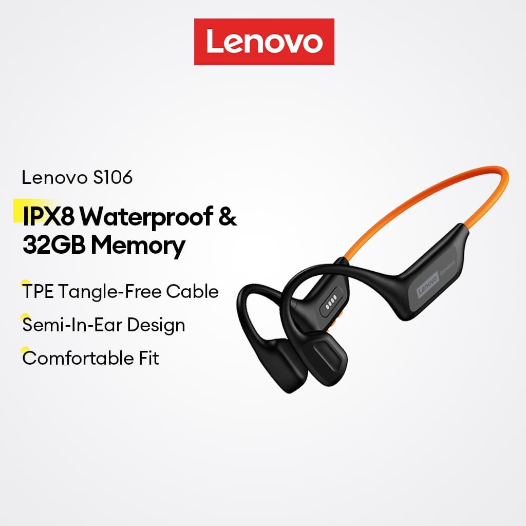 Fones De Ouvido De Condução Óssea Lenovo S106 E Fone Natação À Prova D'água IPX8 Com 32 Gb De Memória Bluetooth 6.0 plus