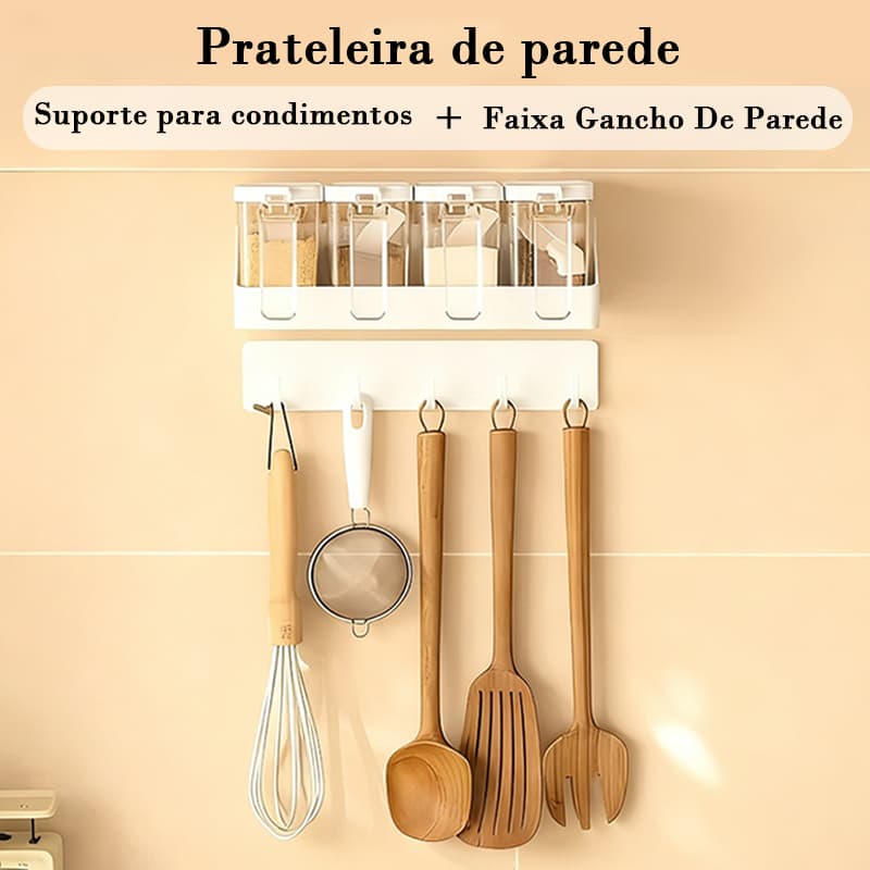 Kit 2 Prateleira de Parede Cozinha com Porta Temperos e Ganchos Multiuso Prateleira Organizadora