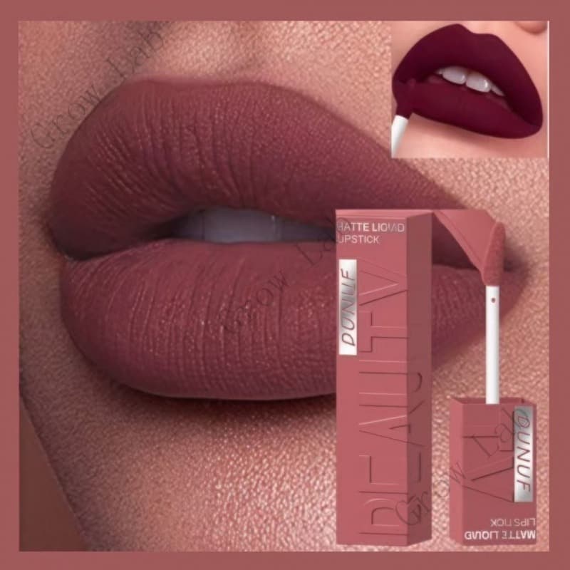 Batom Líquido Matte DUNUF Velvet - À Prova d'Água, Longa Duração, Fórmula Leve, Fácil de Aplicar, Tubo Quadrado
