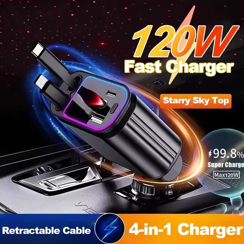 Carregador De Carro Carregamento Rápido USB Type C 45W 65W 100W 120W Porta Dupla QC PD 3.0 Cabo Retrátil De Carga Rápida