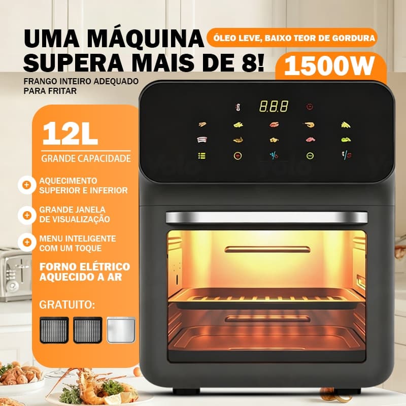 Fritadeira Elétrica Air Fryer Oven HQ 8 em 1 Digital, com tela de vídeo, preta, 1500 watts