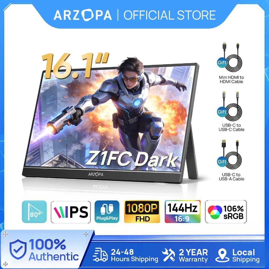Monitor Gamer Portátil ARZOPA 16.1" 1080P, 144Hz, 106% sRGB, HDR, para Mac, PC, Switch e PlayStation