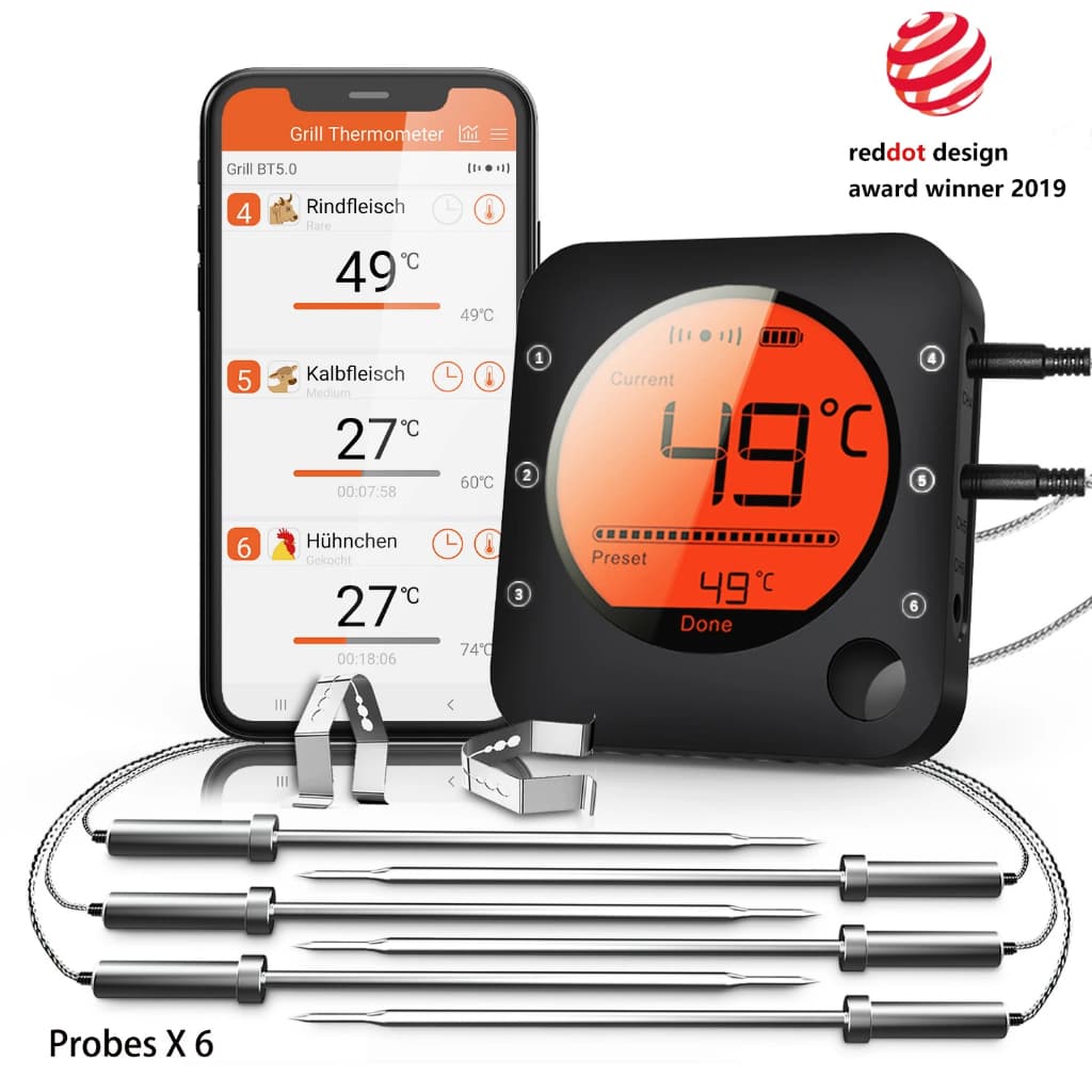 Termômetro De Carne Bluetooth Digital Churrasco Cozinha Suporte 6 Sonda Para Fumante Cozinhar Grill Forno Doces