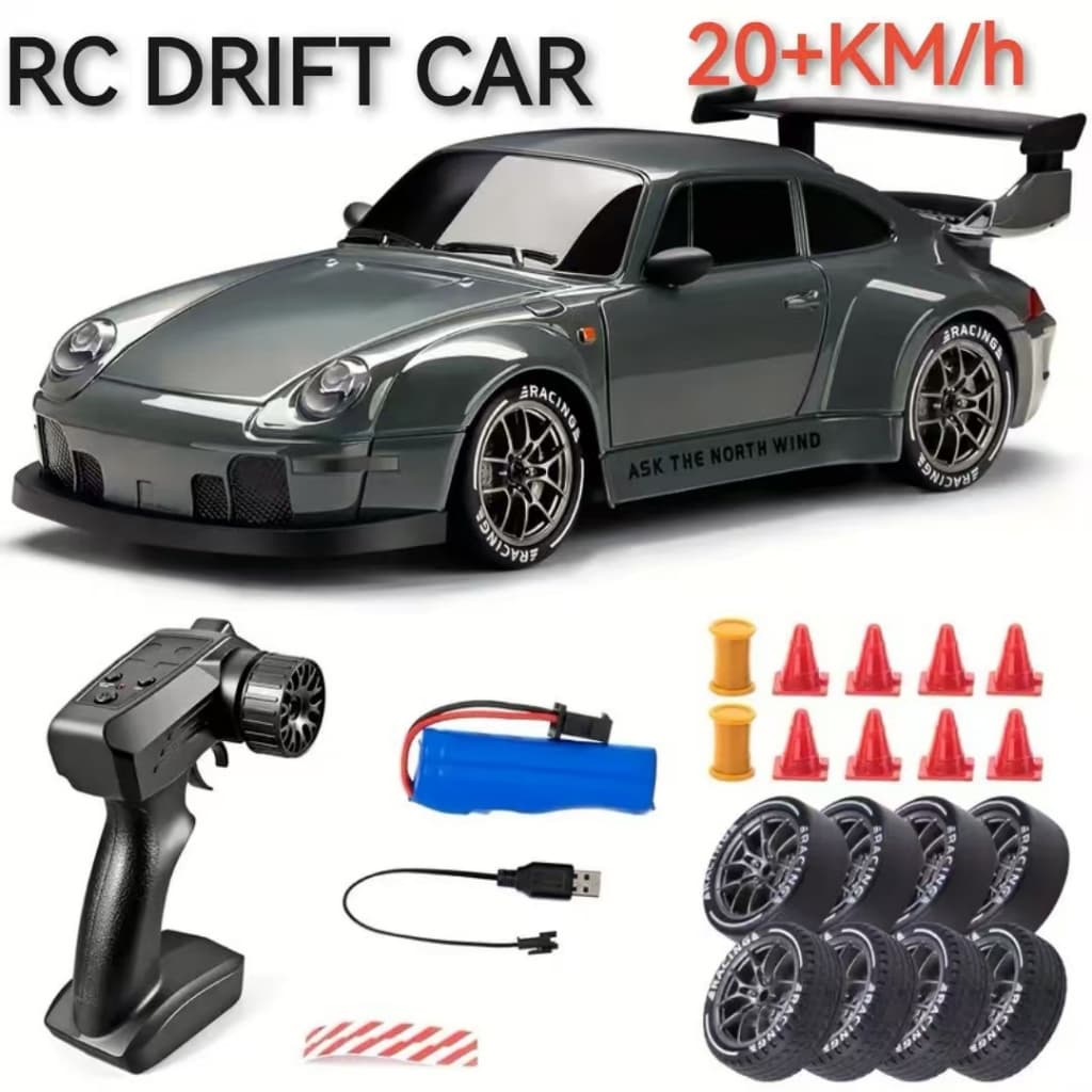 Porsche 993 Nissan GTR RC Drift 4WD 1:24 carrinho de controle remoto corrida recarregável neon luz led farol Nissan180SX