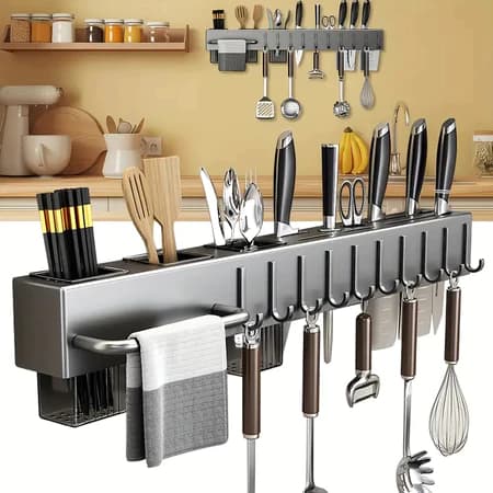 60 cm Prateleira Organizadora Multiuso Alumínio Cozinha Moderna Porta Suporte Tempero e Utensílios