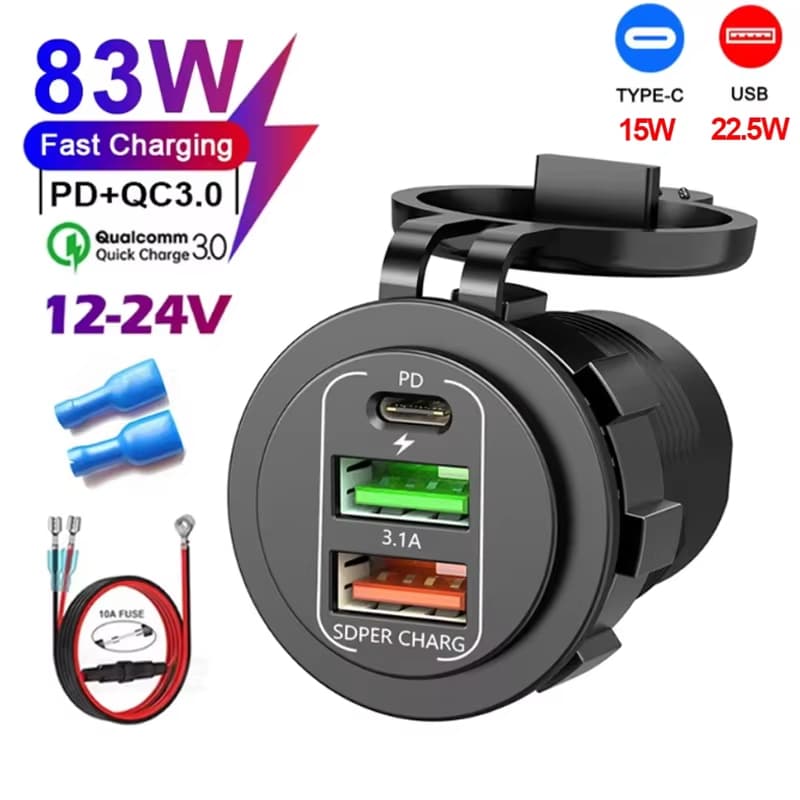 83W Tomada De Carregador De Carro Duplo Tipo-C E USB 4 Portas Carregamento Rápido À Prova Dwaterproof Água Com Voltímetr