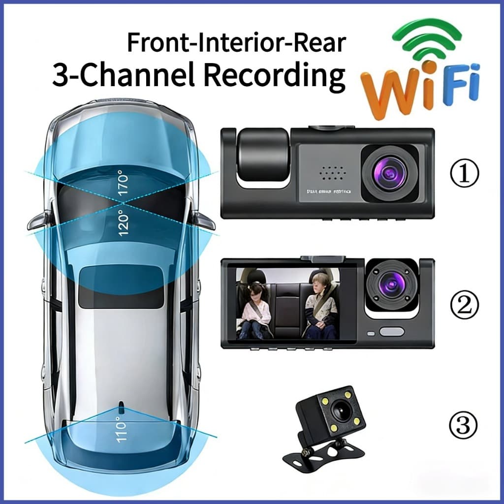 WIFI Registro De Condução De Carro monito 3 lentes DVR HD 1080P 24h Primeiro Plano , interior E Visão Traseira