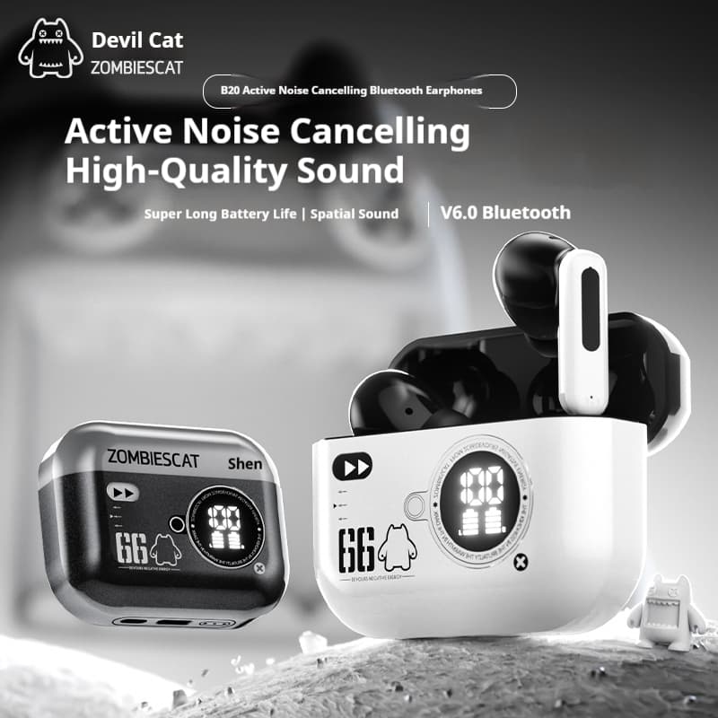  Fones de Ouvido ZOMBIESCAT B20 Bluetooth 6.0, Fones de Ouvido Sem Fio com Cancelamento Ativo de Ruído, Baixa Latência,