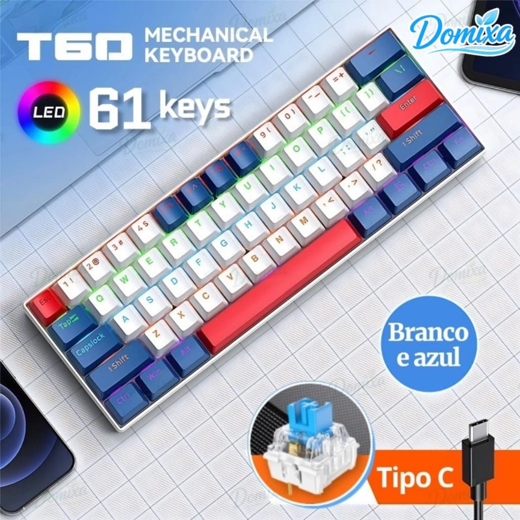 Teclado Mecânico G60 60 % Teclas Com Fio RGB Retroiluminado Para Jogos  Mini Compact-DO