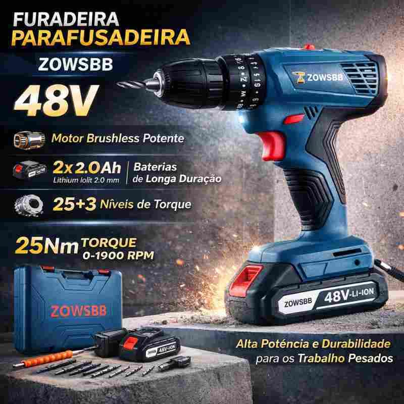 Furadeira parafusadeira ZOWSBB GSB 6-115 48v Brushless Furadeira elétrica  2 Baterias furadeira de impacto elétrica