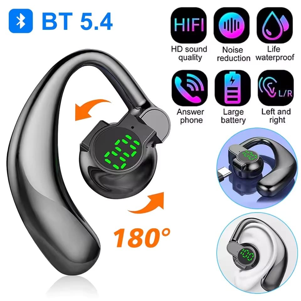 Novo 180 ° Fone De Ouvido Sem Fio Bluetooth 5.4 Handsfree Cancelamento Ruído Rotativo Esporte Display Digital Fones Únic