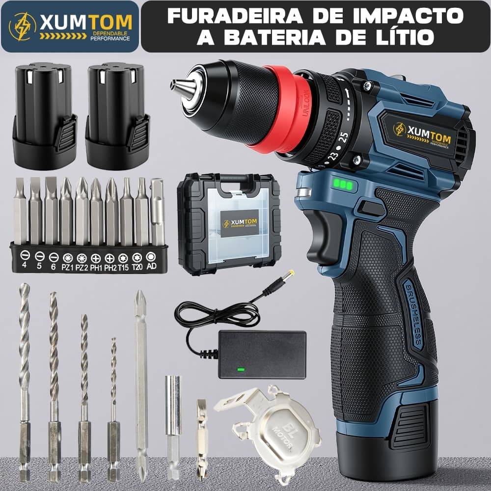 Parafusadeira Furadeira de Impacto Profissional 50NM COM Maleta 2 Baterias Bivolt Conjunto completo