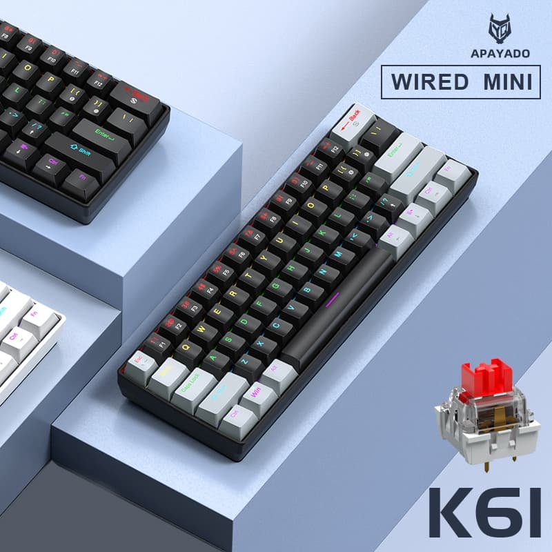 Mini Teclado Mecânico Com Fio Portátil 60 % APAYADO K61 61 Teclas Phantom RGB Preto Branco