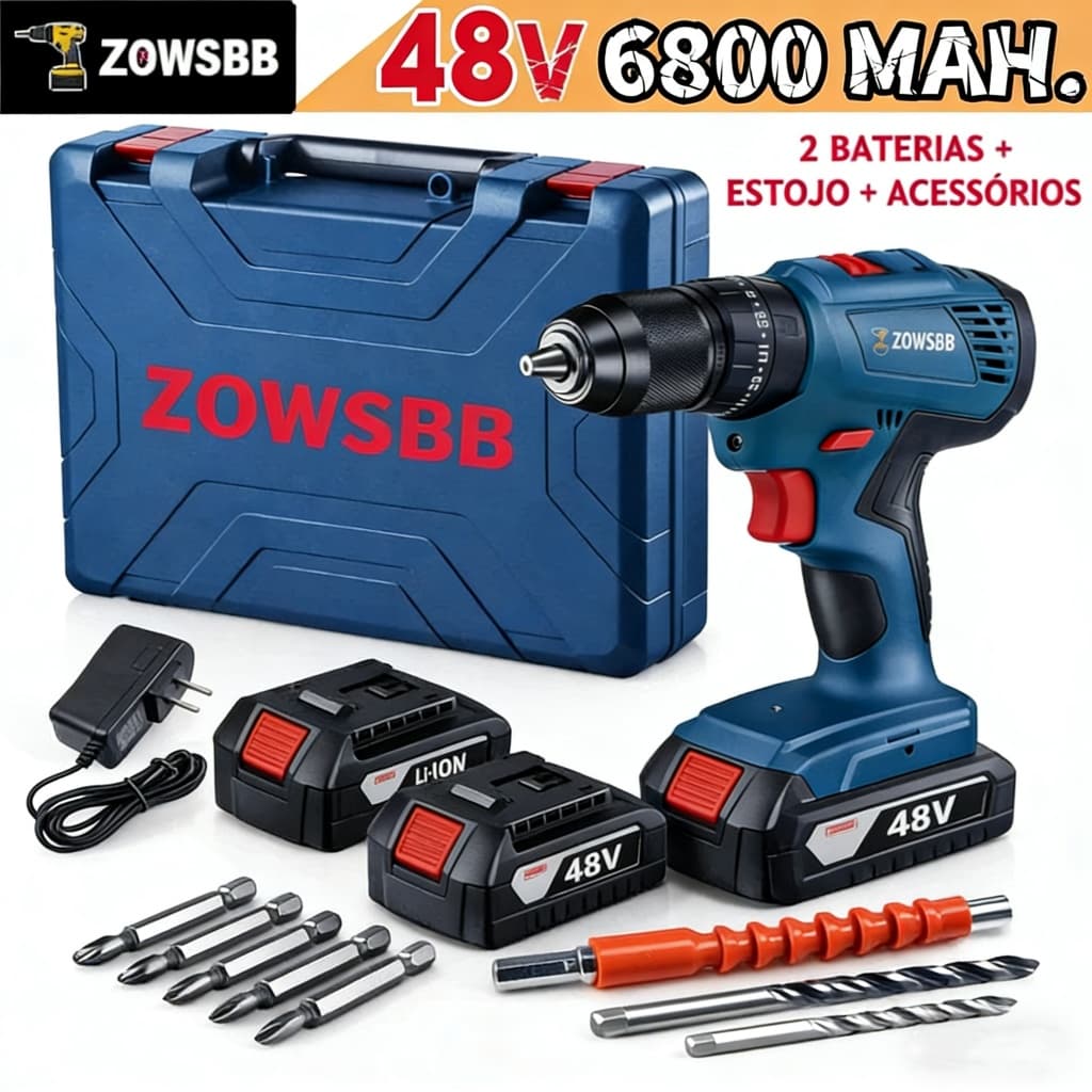 Furadeira parafusadeira  furadeira de impacto 48v Genérica ZOWSBB GSR 185-li elétrica 2 Baterias