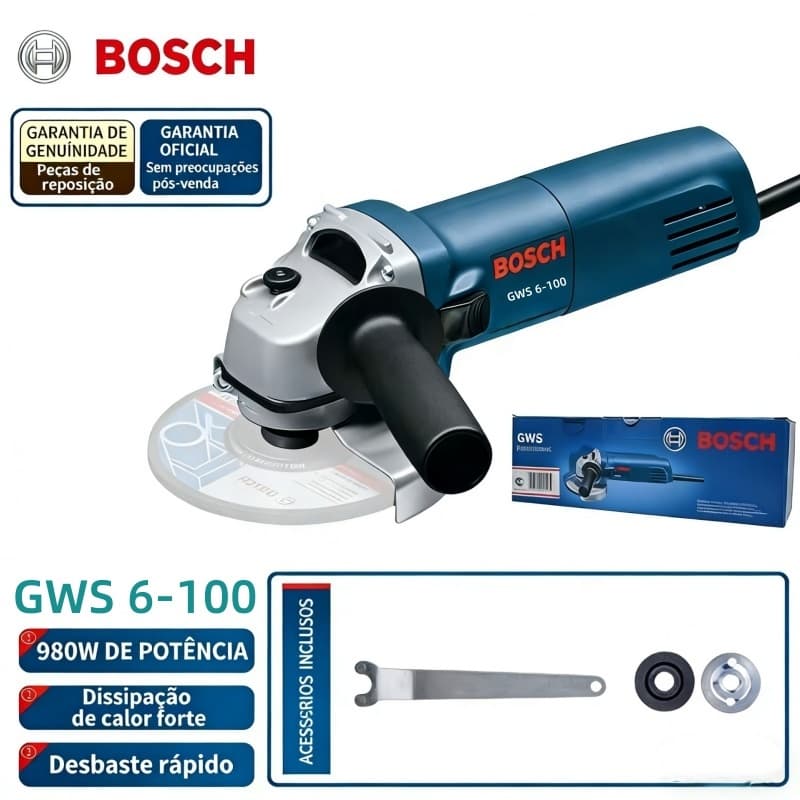Bosch Esmerilhadeira Lixadeira Angular GWS6-100 980W 127v/220v 11000rpm+Caixa de papel